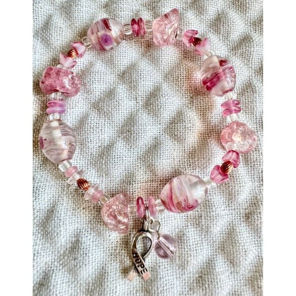New Handmade Pink Beaded Breast Cancer Awareness Bracelet w/ Hope Charm - 7.5” - Picture 3 of 8